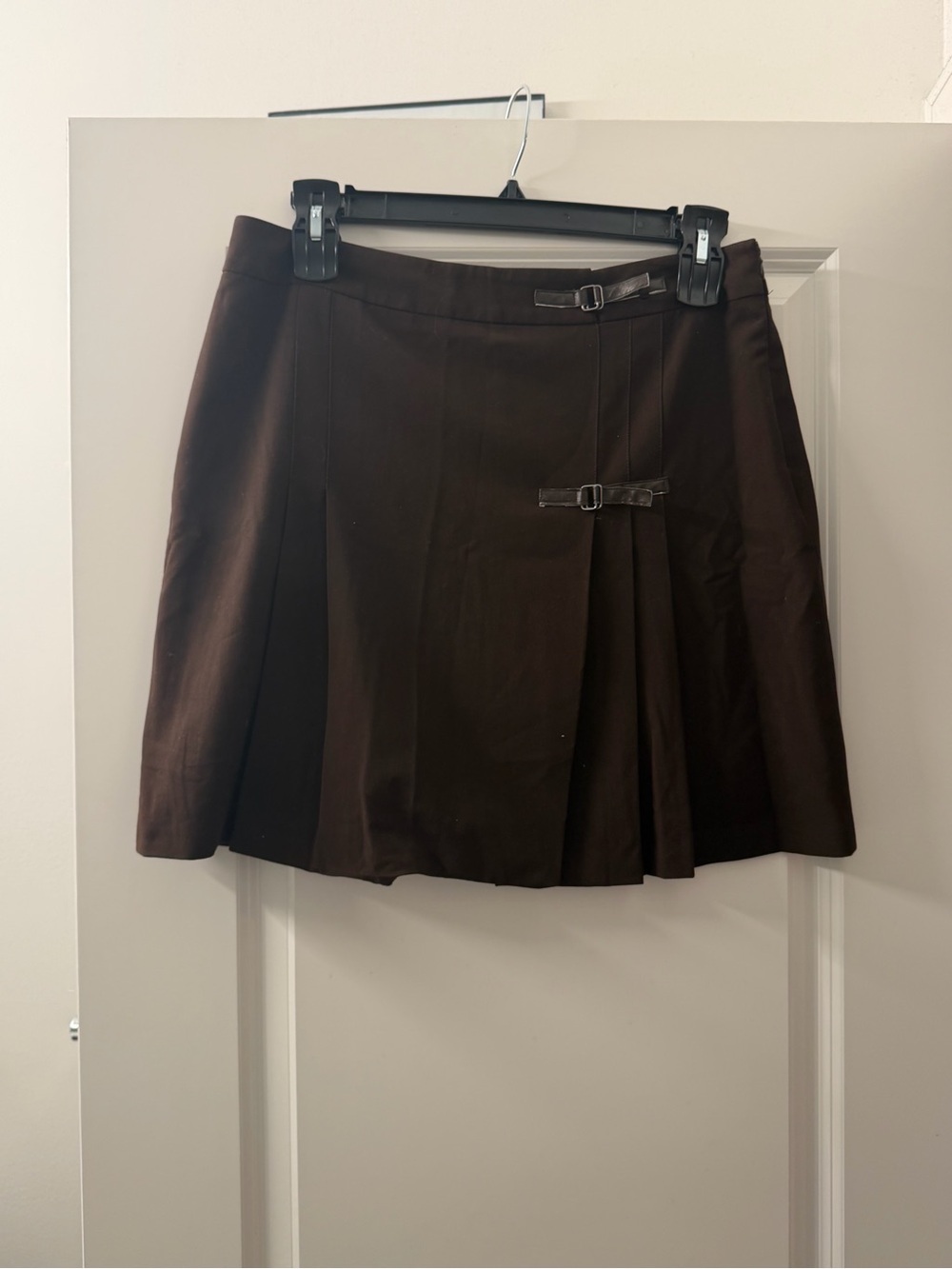 Larry Levine Dark Brown Pleated Mini Skirt with Buckle Accents